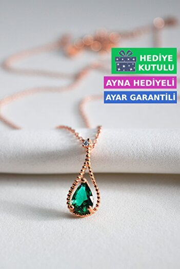 Jewelmim Yeşil Damla Taş Kolye 18 Ayar Rose Altın Kaplama Su Damlası Kolye 925 Ayar Kadın Gümüş Damla Kolye