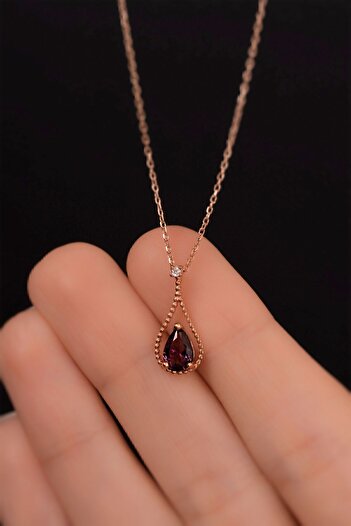 Jewelmim Mor Ametist Damla Taş Kolye 18 Ayar Rose Altın Kaplama Su Damlası 925 Ayar Kadın Gümüş Damla Kolye