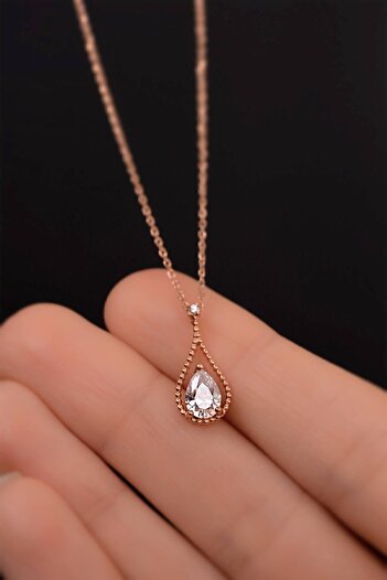 Jewelmim Gümüş Damla Taş Kolye 18 Ayar Rose Altın Kaplama Su Damlası Kolye 925 Ayar Kadın Gümüş Damla Kolye