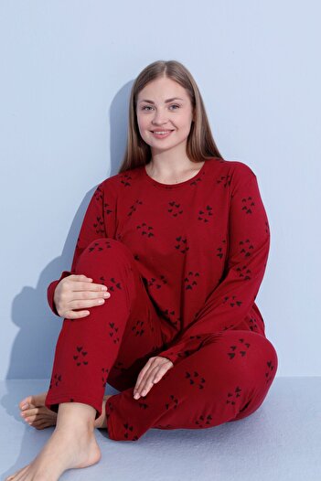 PİJAMOOD Kadın Battal Beden Baskılı Uzun Kollu Pamuklu   Pijama Takımı