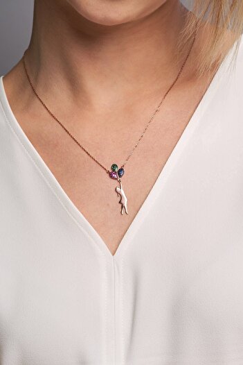 Jewelmim Gümüş Balonlu Kız Kolye 18 Ayar Rose Altın Kaplama Balon Tutan Kız Kolye 925 Ayar Kadın Gümüş Kolye