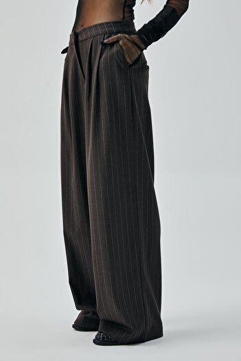 minaaise Women's Brown Wool Polyviscose Striped Palazzo Trousers 28078