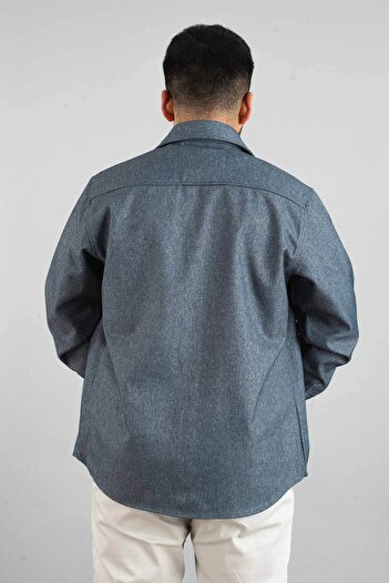 bombe Erkek Indigo Mevsimlik Casual Içi Scuba Kaplama Spor Kesim Mont Çıtçıtlı Ceket Gömlek