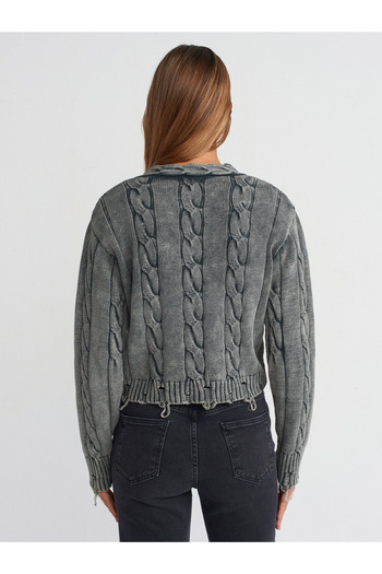 Dilvin 60263 Pale Effect Buttoned Ripped Detailed Knitwear Cardigan-Anthracite