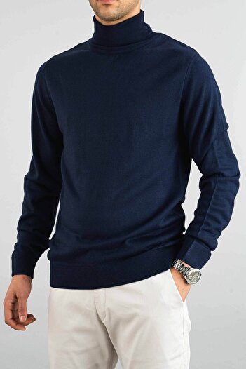 bombe Men's Navy Blue Slim Fit Turtleneck Cotton Turtleneck Knitwear Sweater