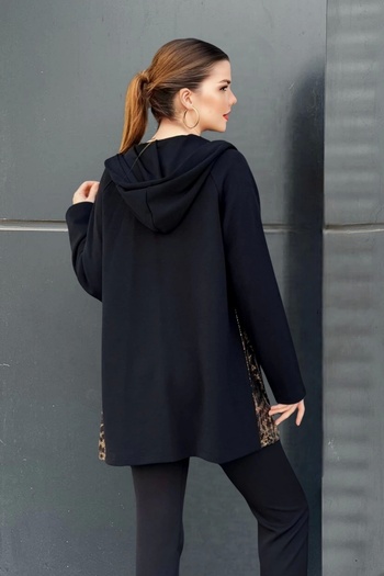 aytemas Cap, Hooded Leopard Pattern Garnished Pocket Cardigan