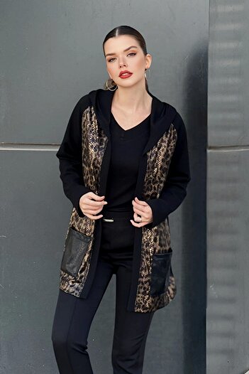 aytemas Cap, Hooded Leopard Pattern Garnished Pocket Cardigan