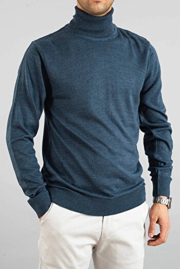 bombe Men's Indigo Slim Fit Turtleneck Cotton Turtleneck Sweater Indigo