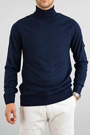 bombe Men's Navy Blue Slim Fit Turtleneck Cotton Turtleneck Knitwear Sweater