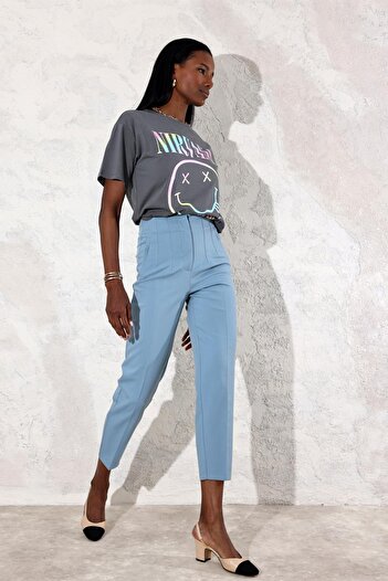TUĞÇE ÖZER BUTİK Light Blue Flat Front Trousers 5113
