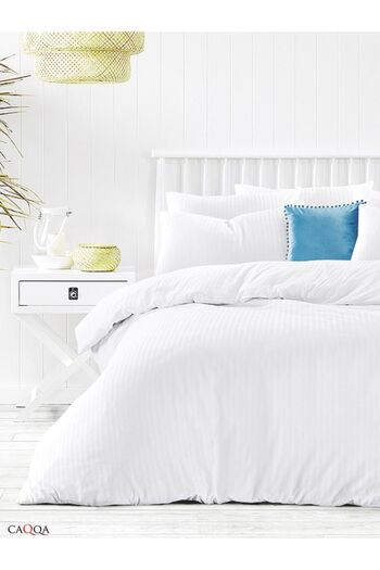 CAQQA White Striped Satin Sheets with Elastic Double Premium Hotel Duvet Cover Set