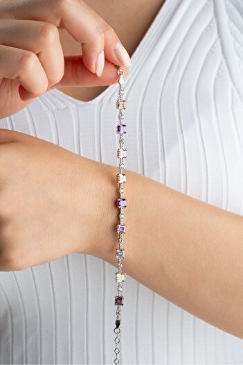 ESSARE 925 Ayar Gümüş Rodyum Kaplama 5 mm Kare Pembe Zirkon Taşlı Suyolu Bileklik