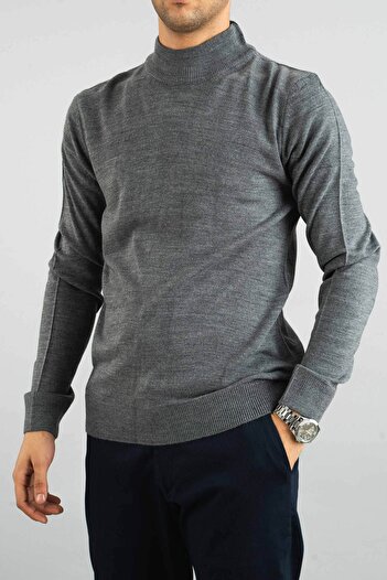 bombe Erkek Slim Fit Yarım Balıkçı Yaka Pamuklu Yarım Boğazlı Sweatshirt Triko Kazak Gri