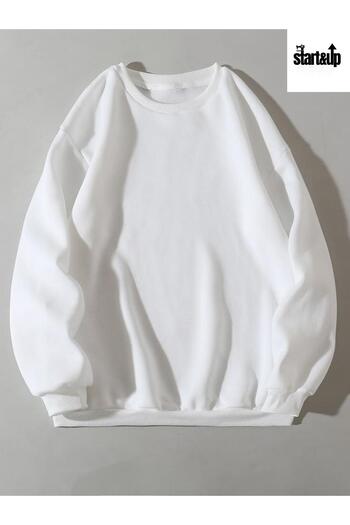 QUEENSTOWN Unisex White Solid Color Oversize Crew Neck Sweatshirt