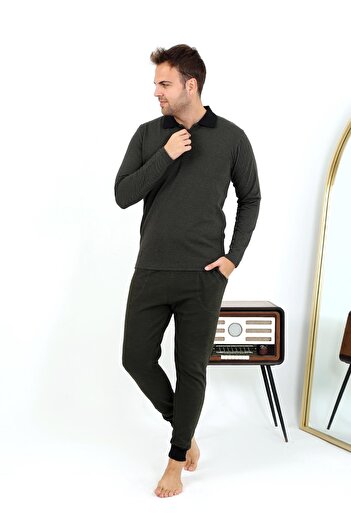 Akbeniz Erkek Polo Yaka Uzun Kol Penye Pijama Takımı 6862 Haki