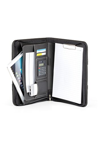SEDEF SİLVER A4 Black Leather Secretarial Memo Pad with Calculator - Magnet and Zipper