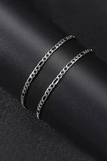 The Collection Unisex 2-Piece Figaro Chain Bracelet - Stainless Steel Silver (2 Pieces)