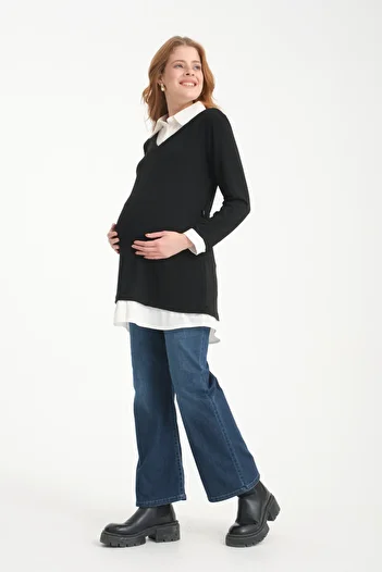 KATLİN MATERNİTY WEAR White Poplin Garnish Knitwear Maternity Tunic - Shirt Collar and Waist Lace (Removable)