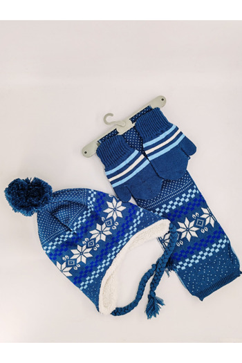 Shuttle Park Quality Blue Premium Girls Kids Fashion Children's Woven Cotton Blue Pompom Set Beanie Scarf Gloves