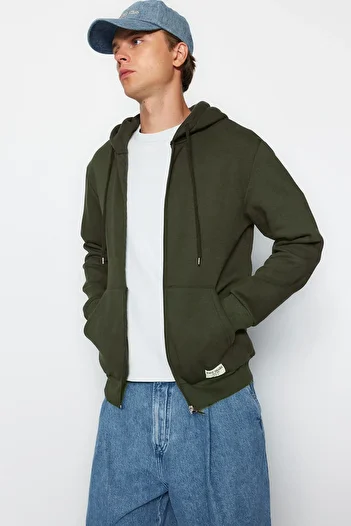 Trendyol Collection Fleecová mikina se zipem khaki – se štítkem, teplá Tmnaw23Sw00172