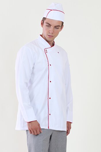 ModaCanel Fashion Canel Red Piping White Chef Jacket