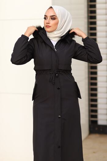 InStyle Women's Black Reverse Pocket Cover Long Coat 2204