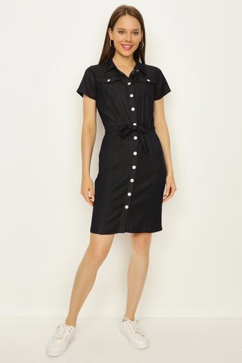 Select Moda Women's Dark Navy Blue Buttoned Belted Denim Dress