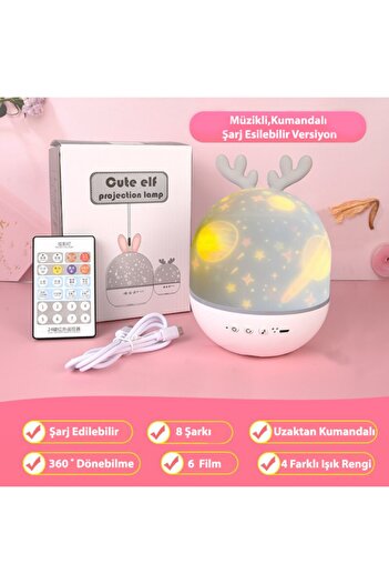 TechnoSmart Müzikli Kumandalı 6 Farklı Resimli Dönen Star Master Şarjlı Fonksiyonel Gece Lambası Lüx