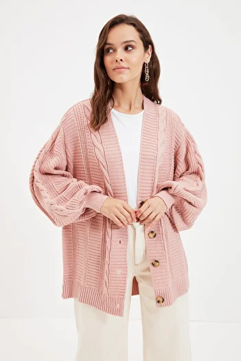 Trendyol Modest Powder Hair Braided Loose Cut Knitwear Cardigan TCTAW22TH0002