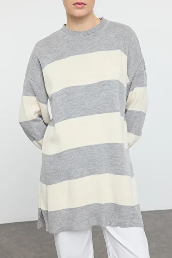 Edit by Trendyol Gray Stone Striped Basic Knitwear Sweater Tedaw25Ak00009