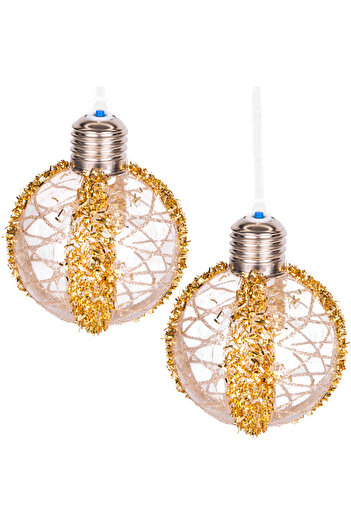 Herdekora New Year's Ball - Led Light, Glitter Patterned Pack of 2, Gold 7 cm