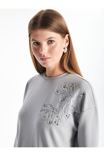 LC Waikiki Lcwaikiki Basic Gray Crew Neck Embroidered Oversize Women's Tunic