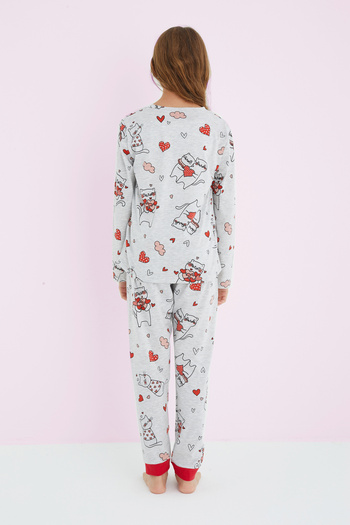 Siyah İnci Girl's Gray Colored Patterned Cotton Pajama Set 24225705