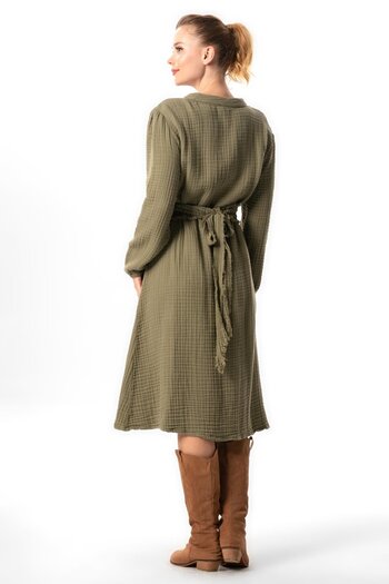 Eliş Şile Bezi Khaki Colored Long Sleeve Embroidered Muslin Double Dress - V-Neck, Autumn and Winter