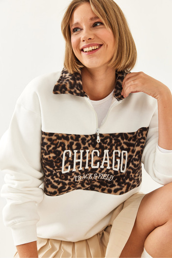Bianco Lucci Women's Collar and Front Leopard Garnished Sweatshirt 6426 60351079