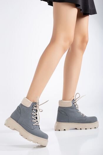 Hayalimdeki Ayakkabı Γυναικείες μπότες JOO Grey Suede με λεπτομέρεια με κορδόνια
