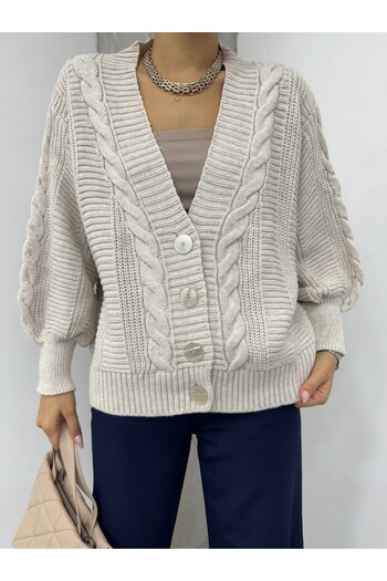 Modamorfo Stone Colored Knitted Patterned Araboy Cardigan