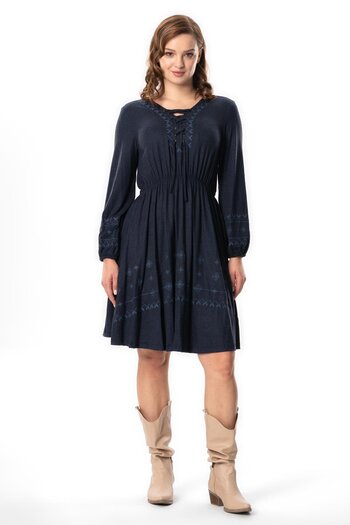 Eliş Şile Bezi Navy Blue Viscose Dress - Long Sleeve, Embroidered Authentic Short Combed Cotton, Autumn and Winter, Lcvt