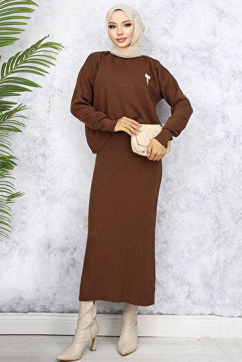 benguen 6110 Turtleneck Brooch Detailed Gilet Knitwear Set Brown