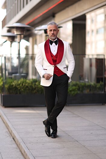 Fc Plus Kırmızı Damatlık Yelekli Takım Elbise -slim Fit