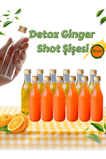 Milea 12 Adet Damla Model Cam Ginger Shot Detox Şişesi Sızdırmaz Gold Metal Kapaklı Çok Amaçlı 50ml