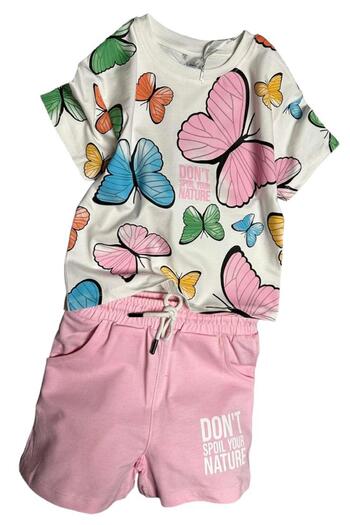 Riccotarz Butterfly Patterned Short Sleeve Powder Shorts Set - Girl