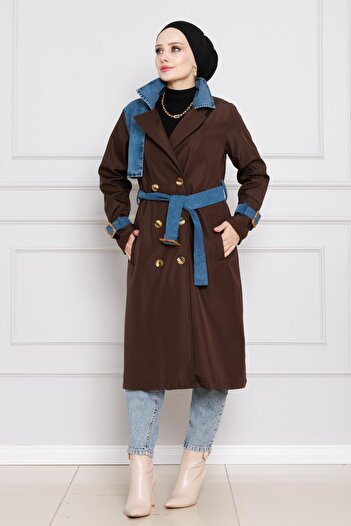 Sevitli Denim Detailed Trench Coat-Brown