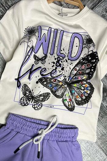 Riccotarz Girl's Butterfly and Text Printed Combed Cotton Purple Shorts Set