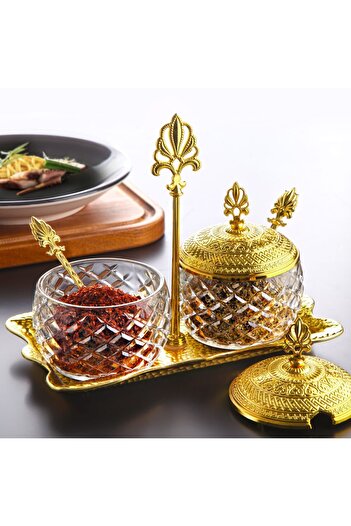 WuuQ Gold Colored 2-Piece Sauce Bowl and Serving Set with Glass Stand and Spoon