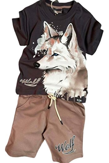 Riccotarz Boy's Wolf Text and Digital Wolf Printed Pocket Brown Shorts Set