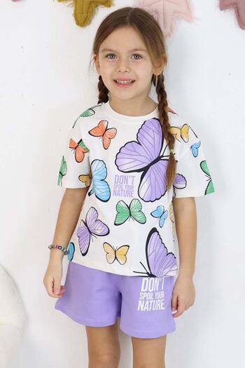 Riccotarz Butterfly Patterned Short Sleeve Girls' Shorts Set - Purple
