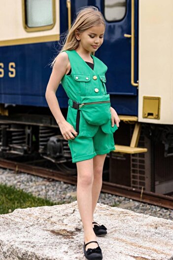 Riccotarz Green Combed Cotton Blouse and Sleeveless Vest - Girl's Set, Button and Pocket Detail