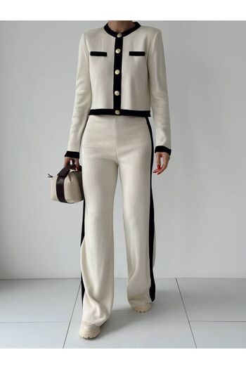 Lusin Women's Gold Button Detailed Cardigan Trousers Bottom Top Double Knitwear Set - White