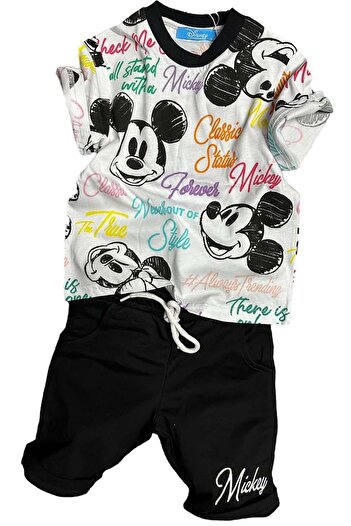 Riccotarz Mickey Patterned Boys' Black Shorts Set - Colorful Text Printed